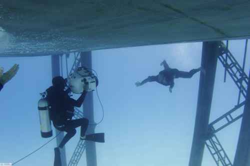 An underwater set rigged on scaffolding