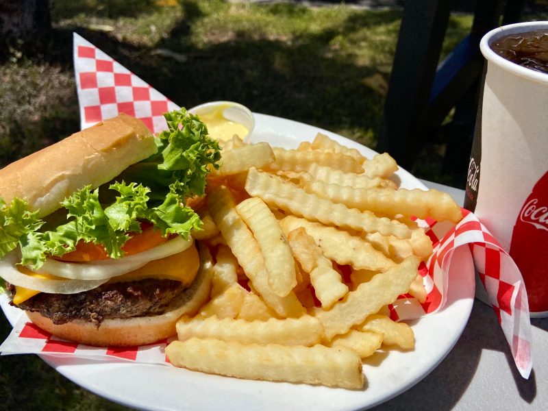 a sandwich sitting on top of a plate of food on a table